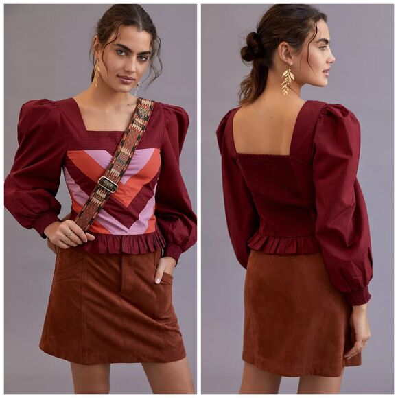 NWT Anthropologie Love The Label Chevron Smocked Puff Sleeve Top Small $180 - Picture 1 of 10